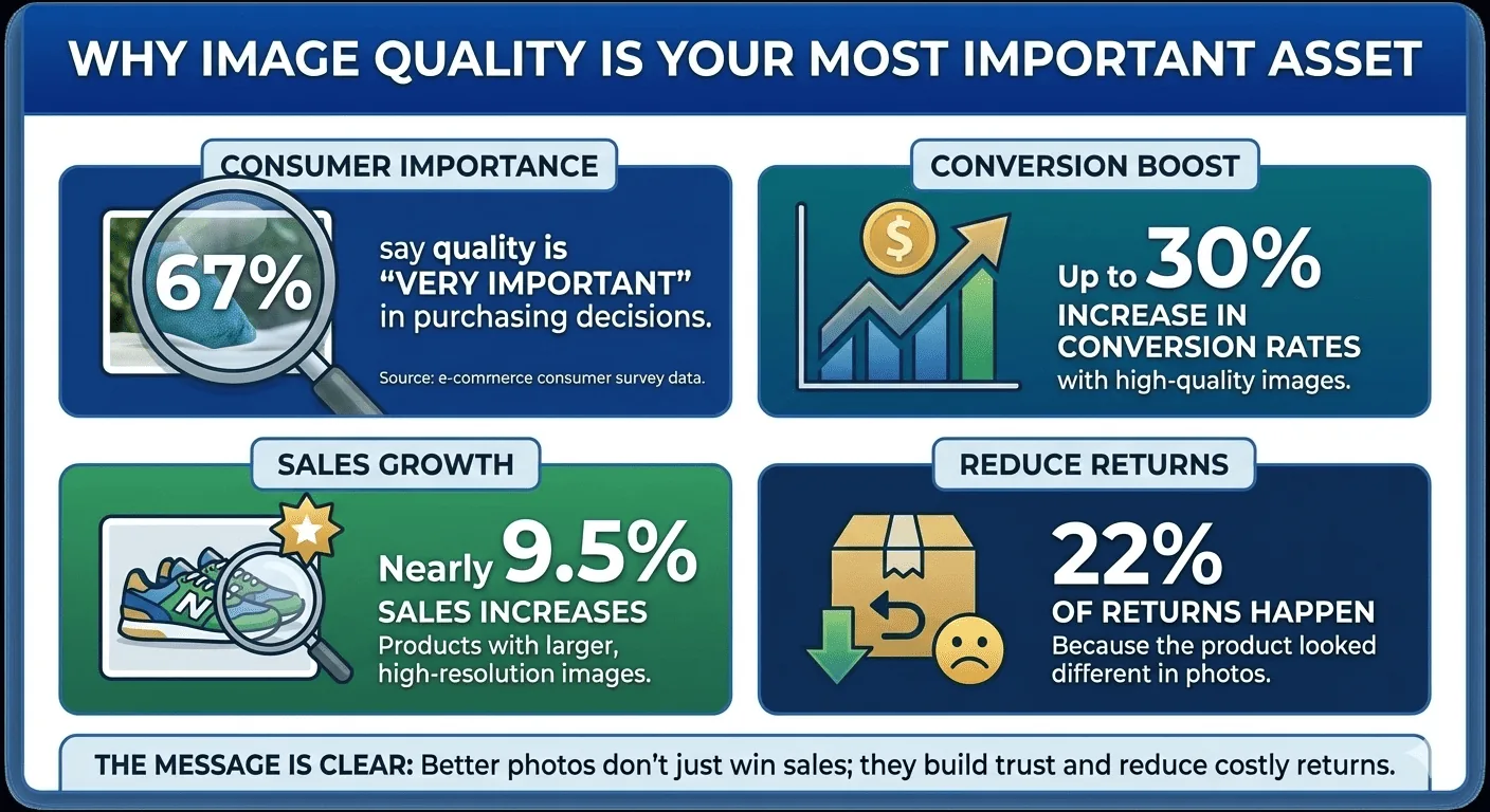 Data showing why product image quality is the most critical factor in e-commerce purchasing decisions